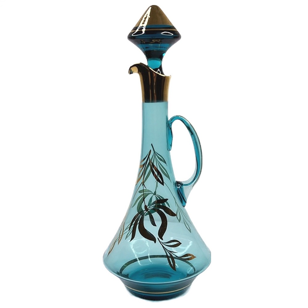 MCM 1950’s Decanter Hungarian Bohemian Hand Blown Glass‎ 22kt Gold Gilt Leaf